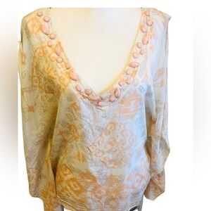 Forever 21 Top Silk Ivory and Coral Beaded Kimono Sleeve Deep Vneck Cover Up